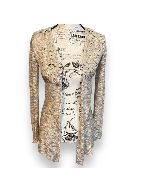 BKE Sweaters - BKE Boutique Cardigan Crochet Ribbon Trim Varigated Tan & Cream Size XS